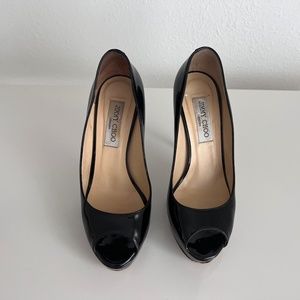 Jimmy Choo Black Patent Leather Peep Toe Pumps
